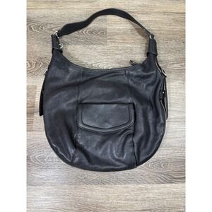 Ann Taylor LOFT Black Genuine Leather Hobo Shoulder Bag Front Pocket Zip Top